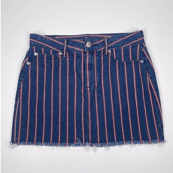 American Eagle Hi Rise Denim Mini Skirt Size 10 Red and White Stripe Retro - Picture 1 of 5